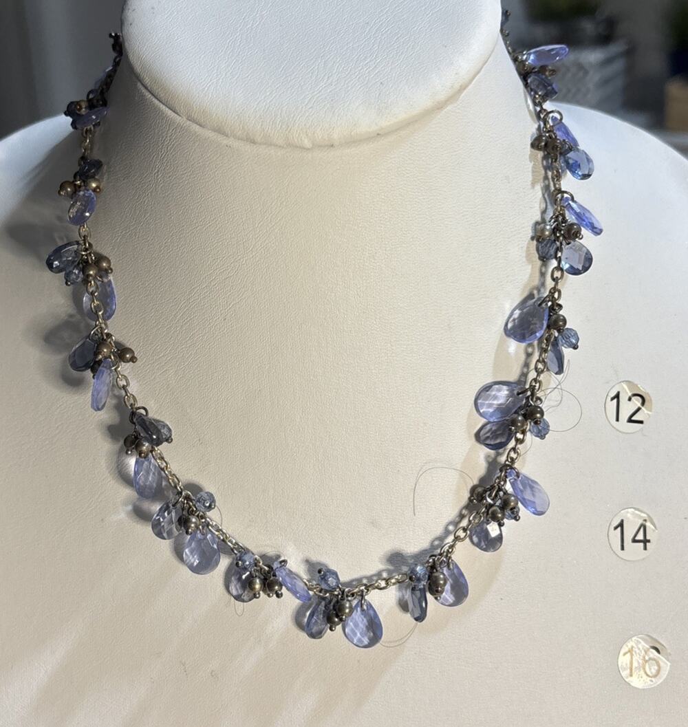 Chaps Blue Glass Bead Necklace Faceted Teardrop Dangle Fringe Toggle Clasp